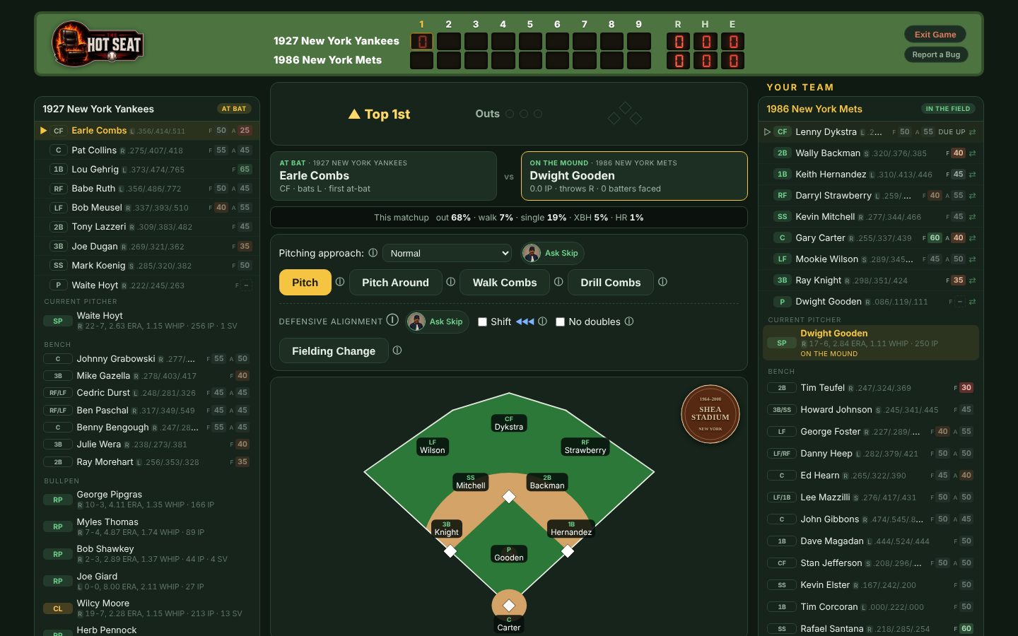 The Hot Seat in-game screen: 1927 Yankees at the 1986 Mets, Earle Combs batting against Dwight Gooden