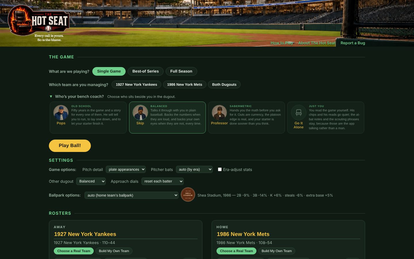 The Hot Seat setup screen with mode, team and bench coach choices