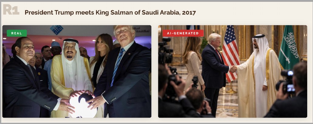 Round 1: Trump and King Salman, real orb photo beside an AI handshake